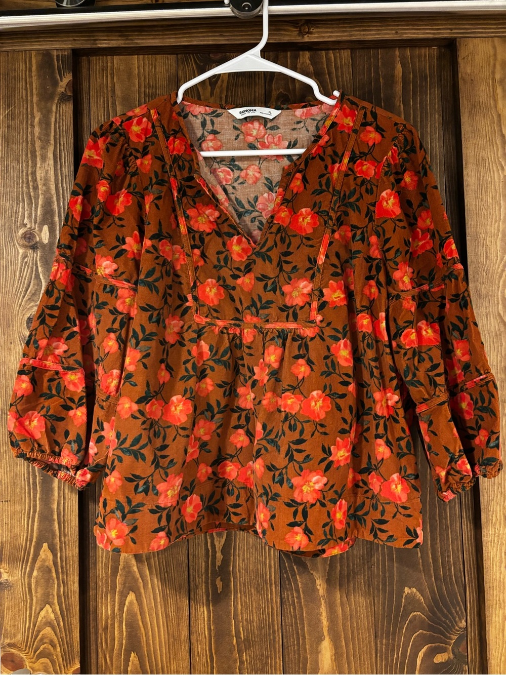 Sonoma Floral Corduroy Peasant Blouse Balloon Sleeve Flowy PL